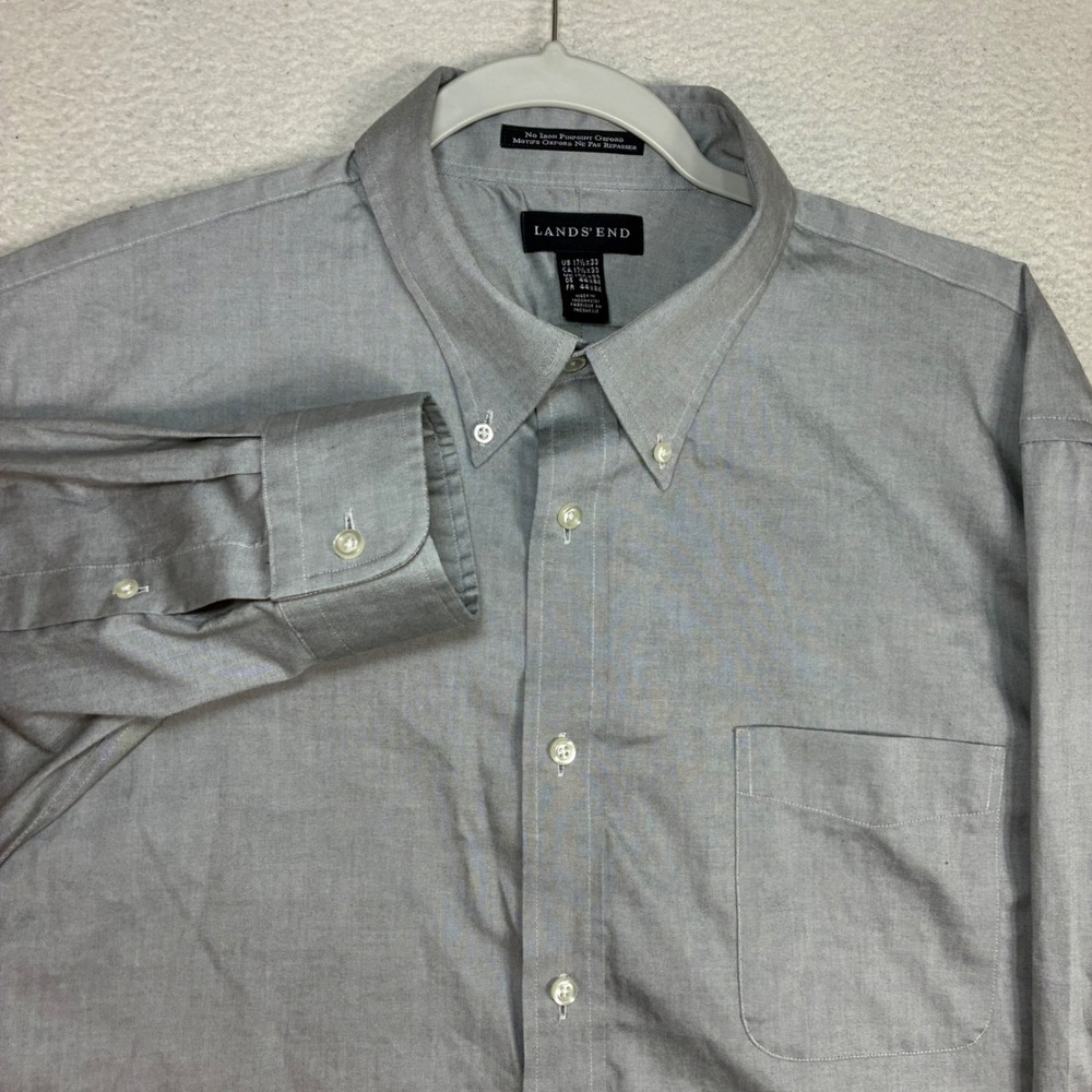 Vintage Lands End Pinpoint Oxford Shirt Men 17.5x33 Gray Business OCBD 90s
